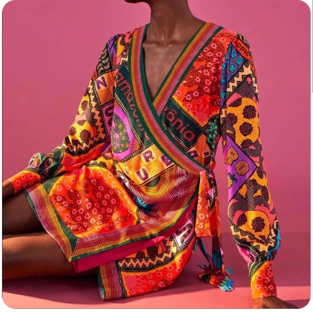 FARM Rio Wrap Mini Dress Beaded Tassel Belt Colorful Boho Resort Vacation Dress